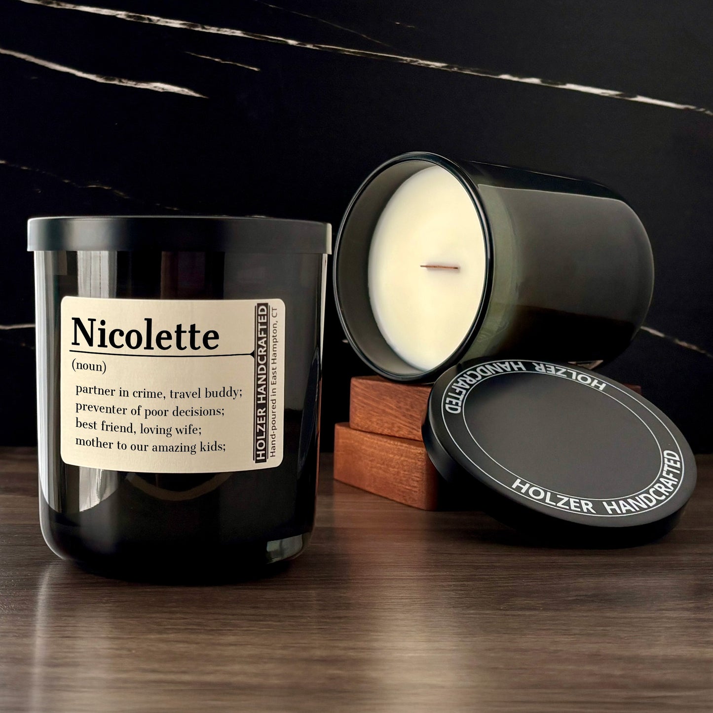 Personalized Wood Wick Scented Candle - Noun, Definition