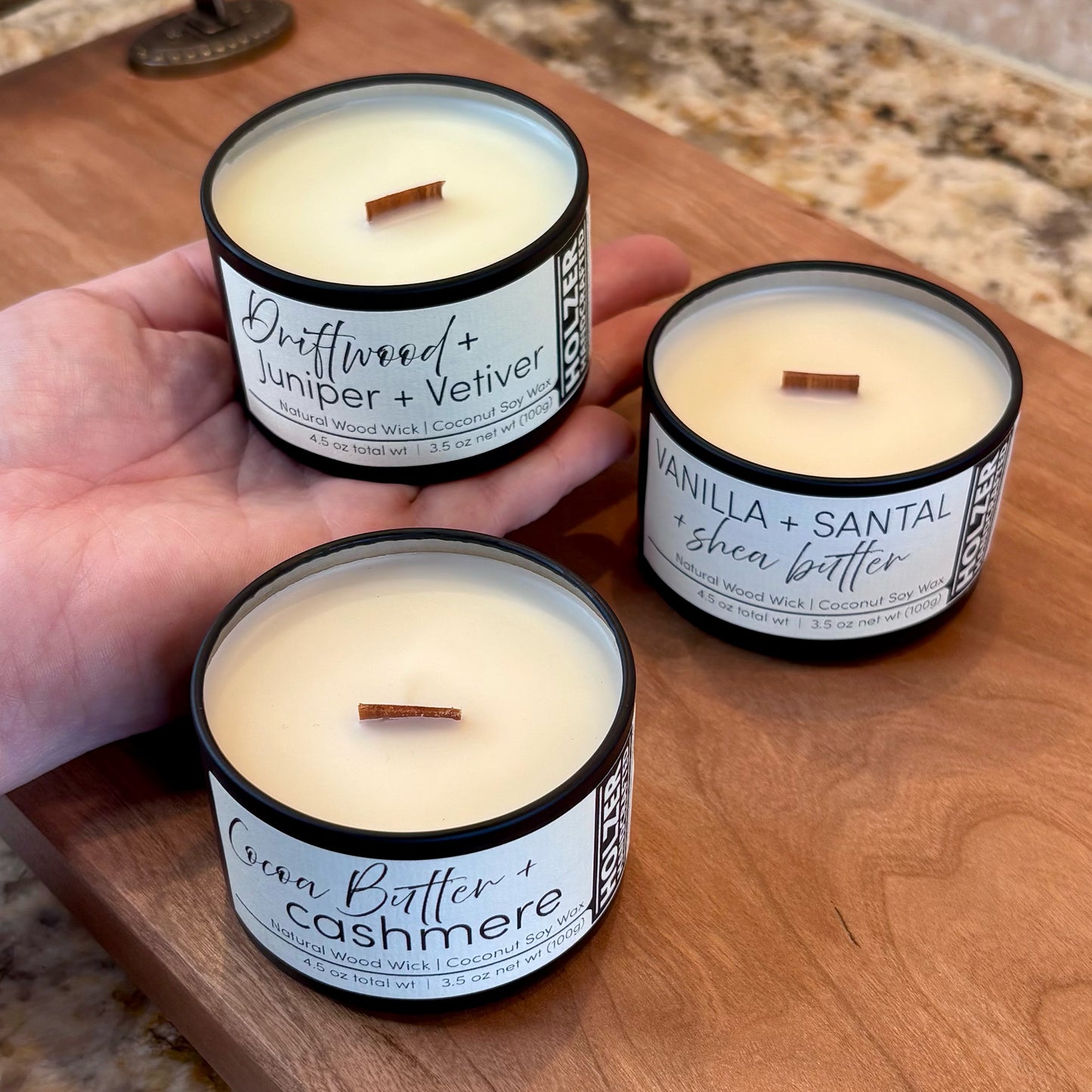 Set of 3 Mini Wood Wick Candles in our 3 Best Selling Scents, Cute Travel Size Tins