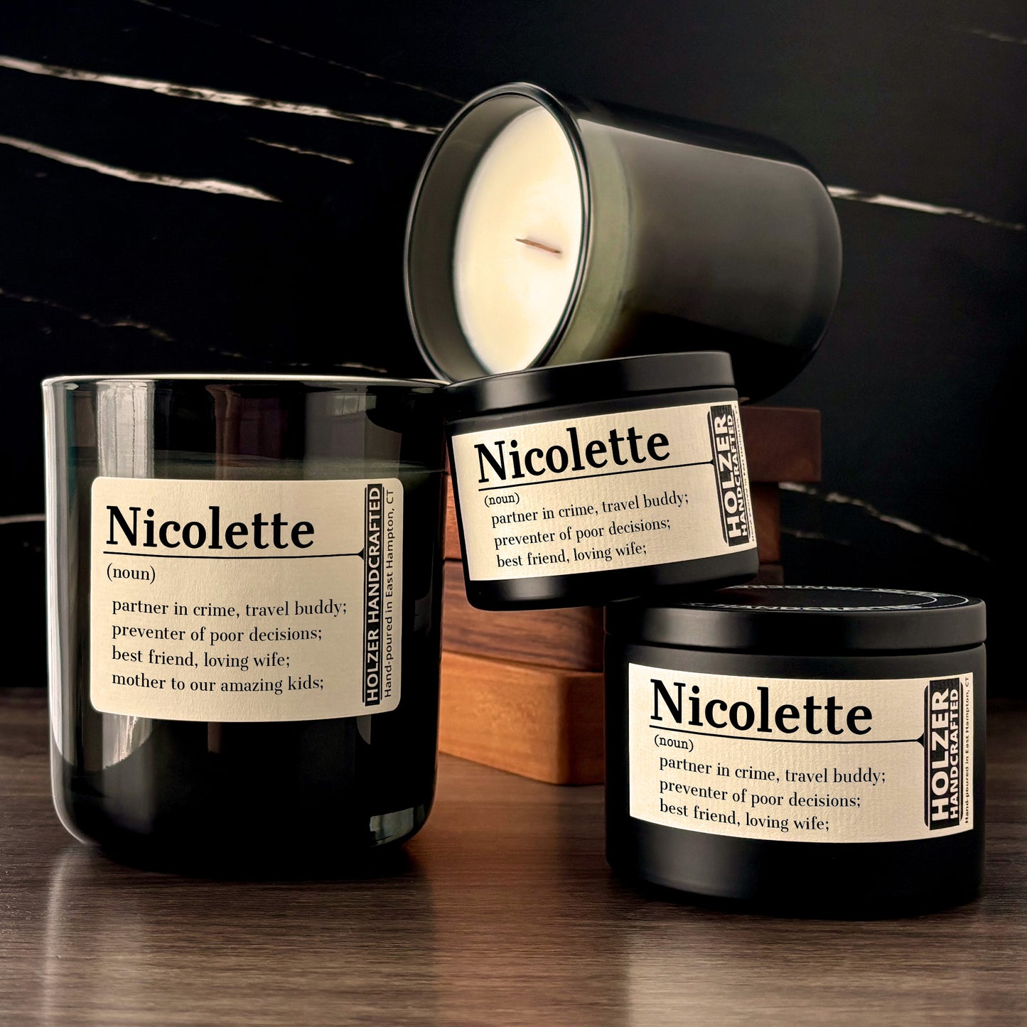 Personalized Wood Wick Scented Candle - Noun, Definition