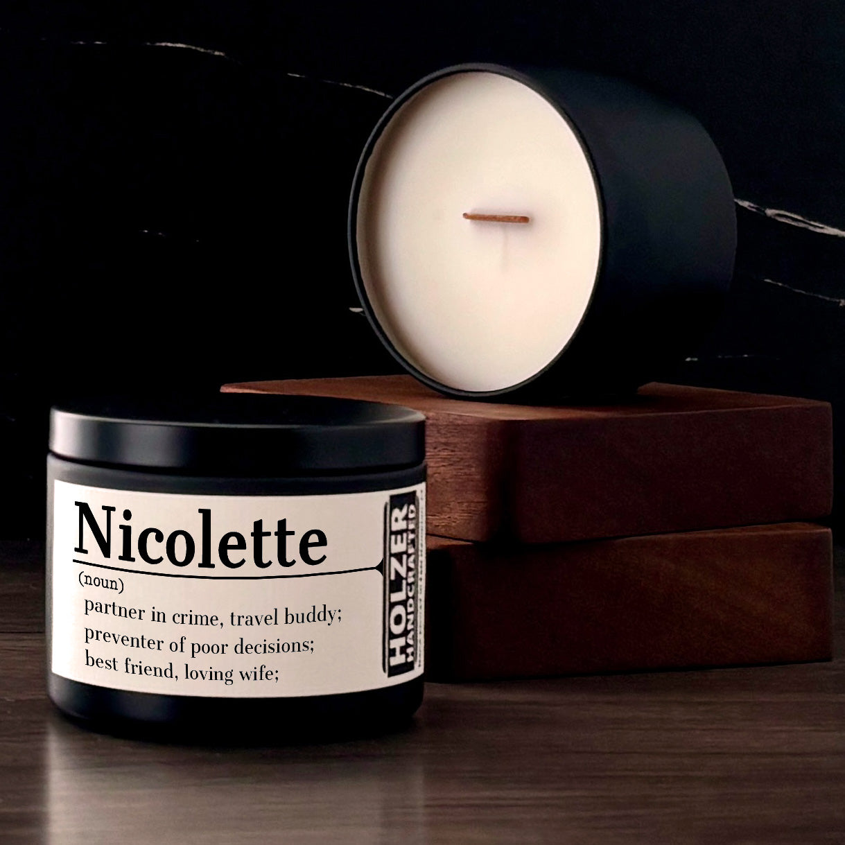 Personalized Wood Wick Scented Candle - Noun, Definition
