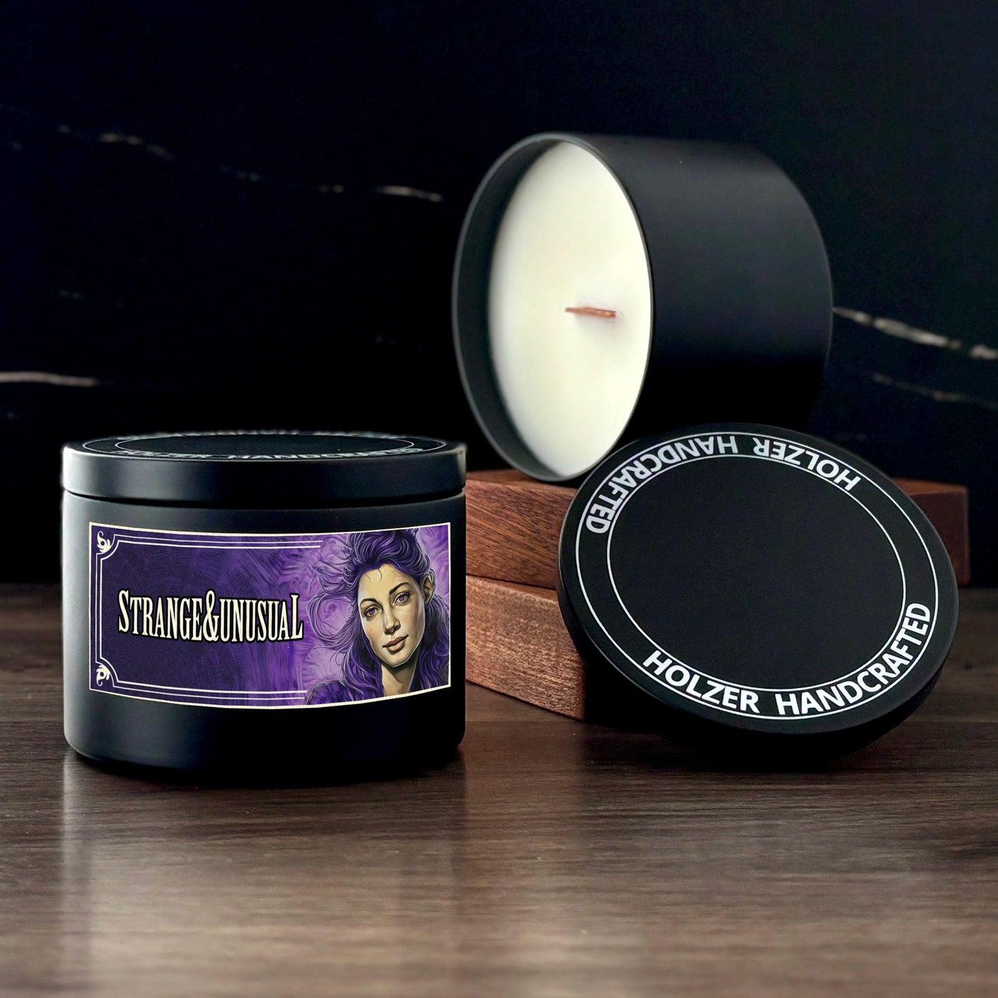 STRANGE & UNUSUAL - Black Rose + Plum + Vanilla Scented Wood Wick Candle - Cinematic Legends