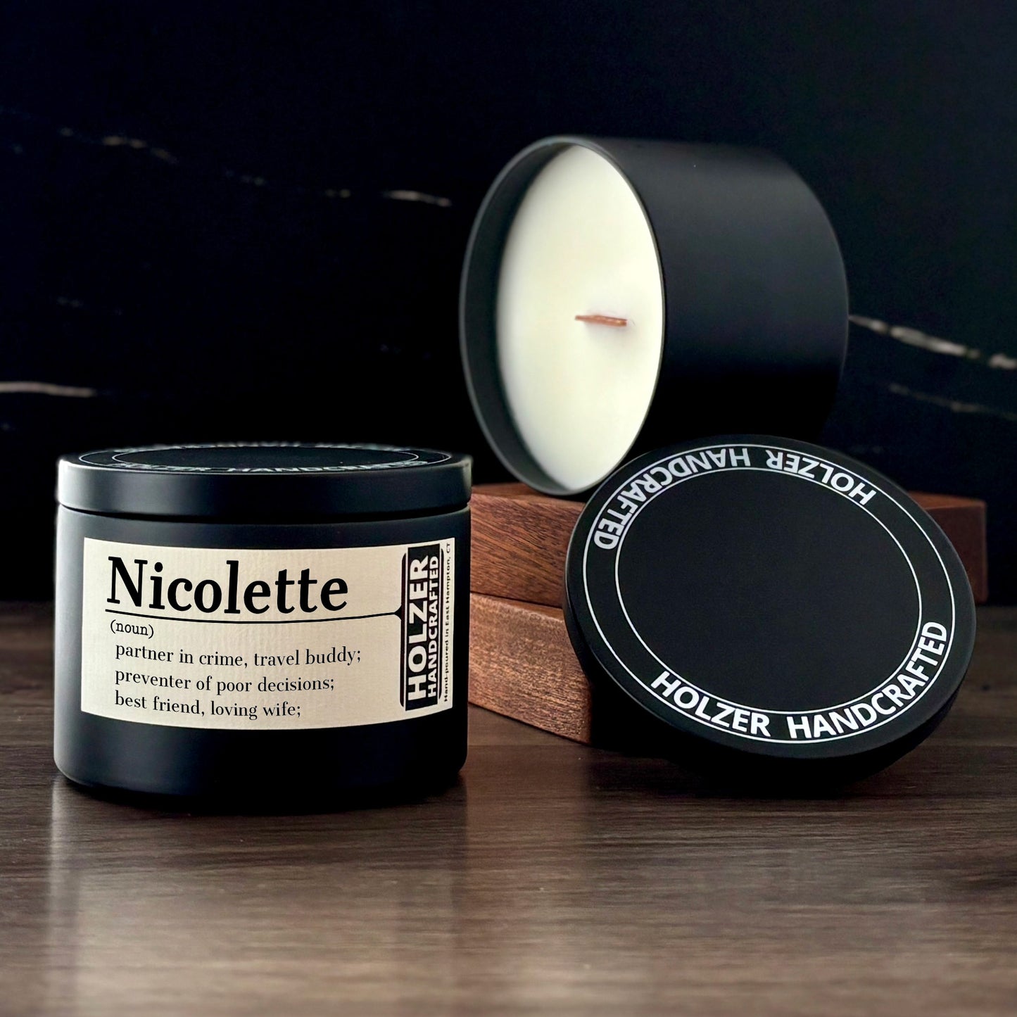 Personalized Wood Wick Scented Candle - Noun, Definition
