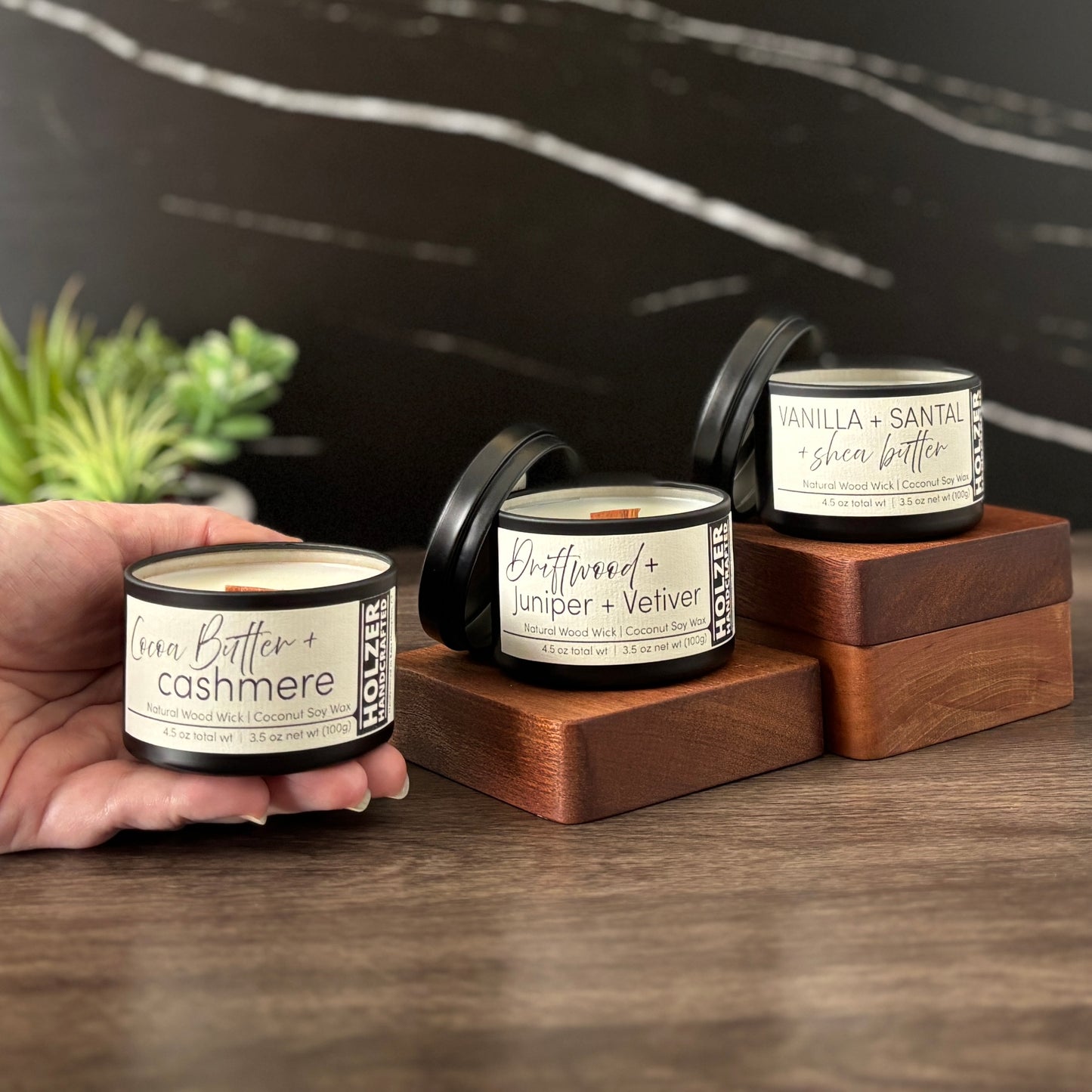 Set of 3 Mini Wood Wick Candles in our 3 Best Selling Scents, Cute Travel Size Tins