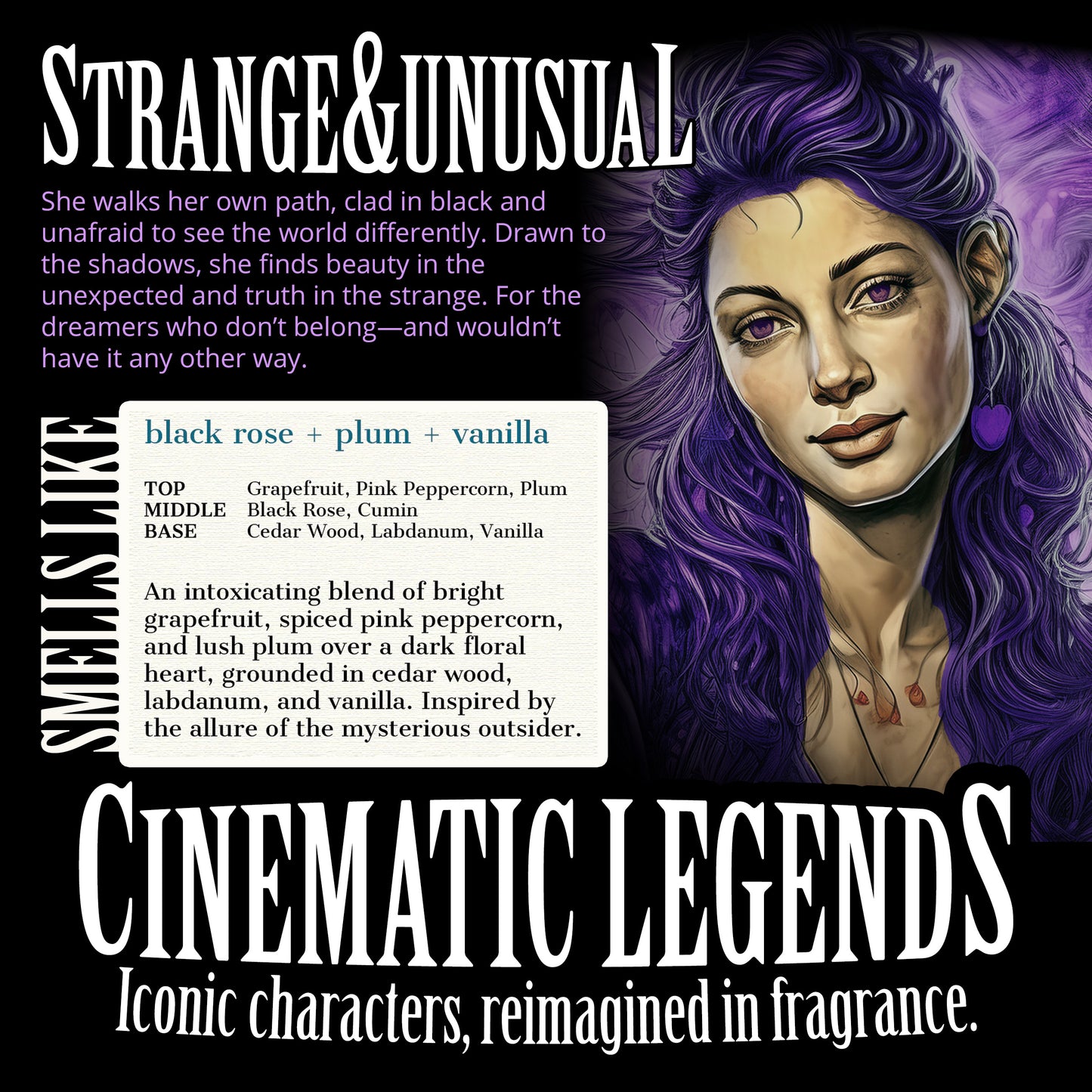 STRANGE & UNUSUAL - Black Rose + Plum + Vanilla Scented Wood Wick Candle - Cinematic Legends