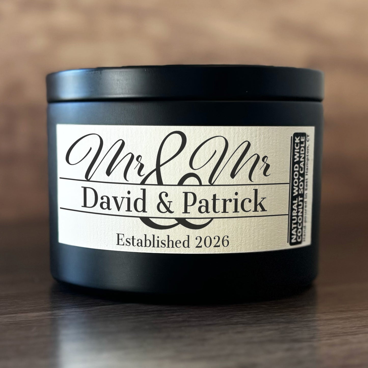 Personalized Wood Wick Candle - Custom Mr & Mr Wedding Keepsake, Coconut Soy Wax, 6oz
