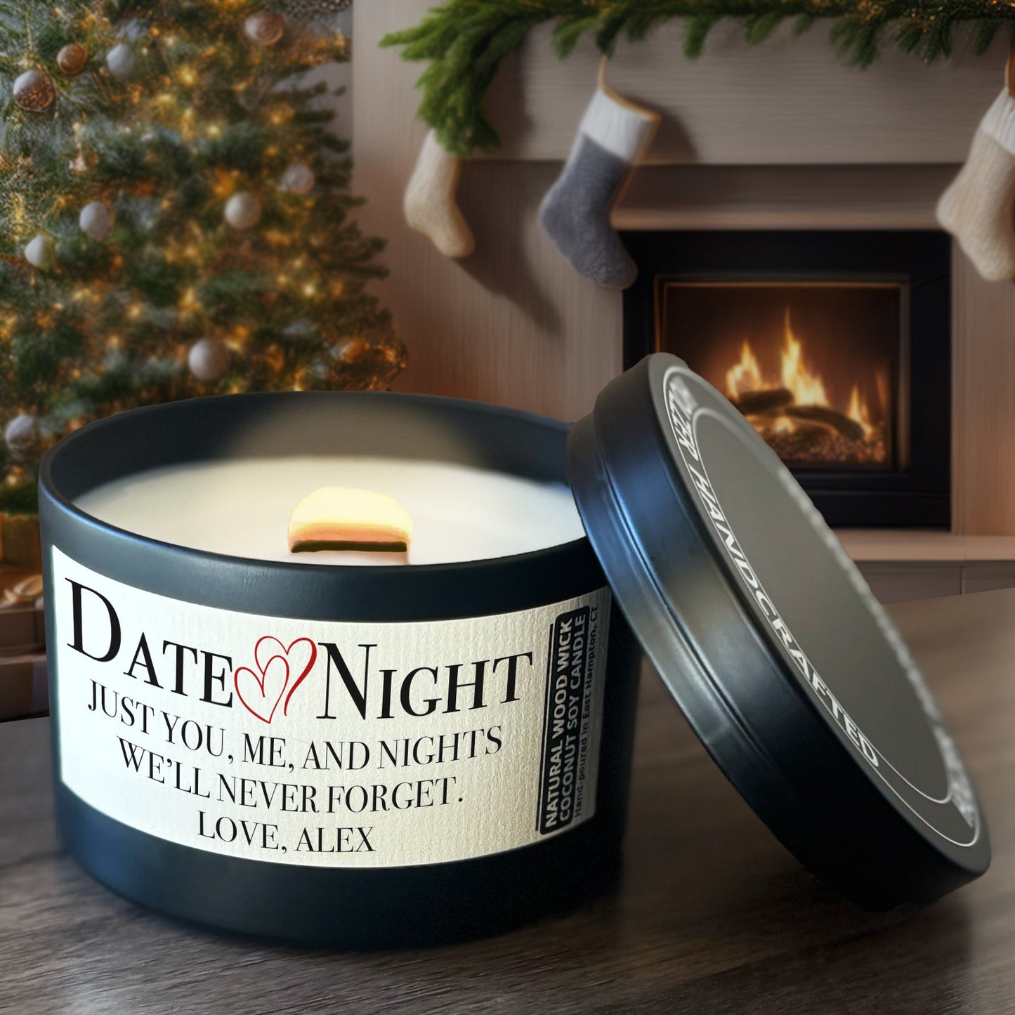 Personalized Wood Wick Candle - Couples Date Night Keepsake, Coconut Soy Wax, 8oz Tin