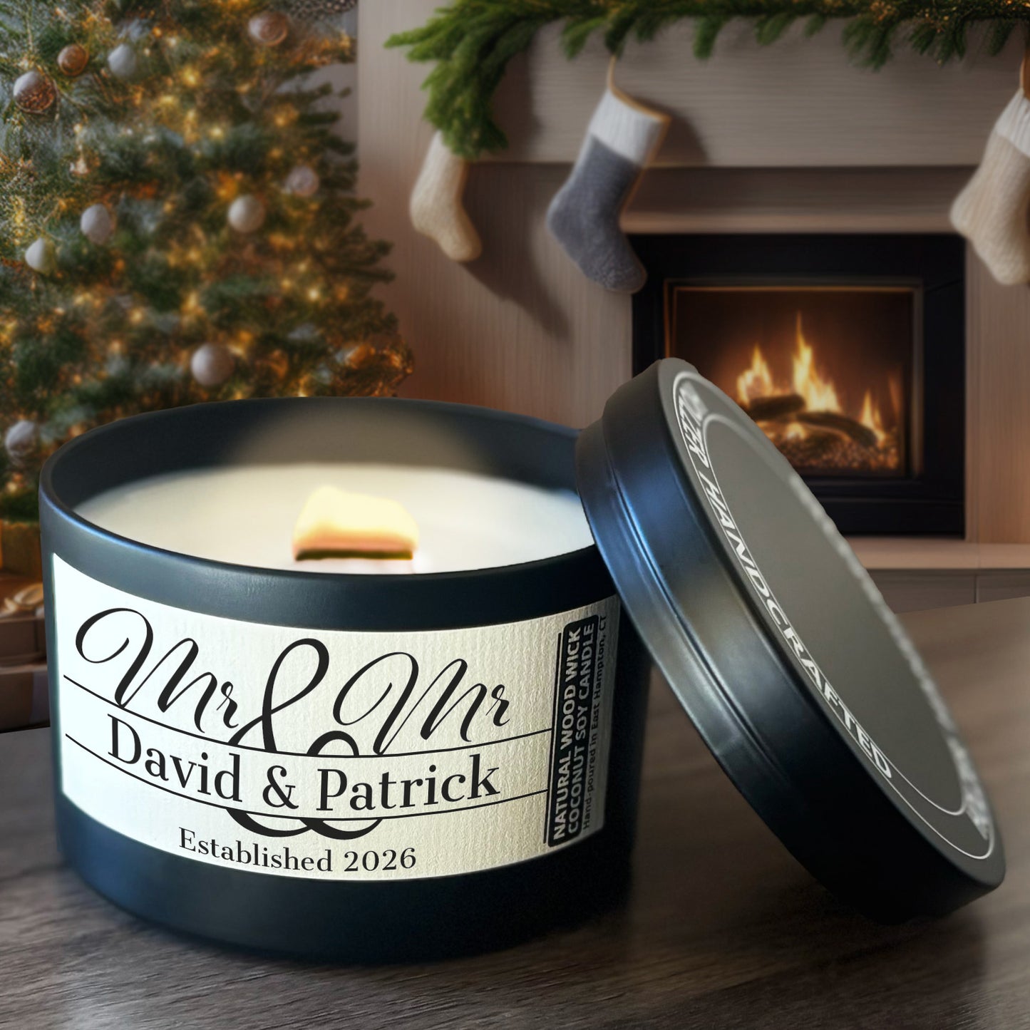 Personalized Wood Wick Candle - Custom Mr & Mr Wedding Keepsake, Coconut Soy Wax, 8oz Tin