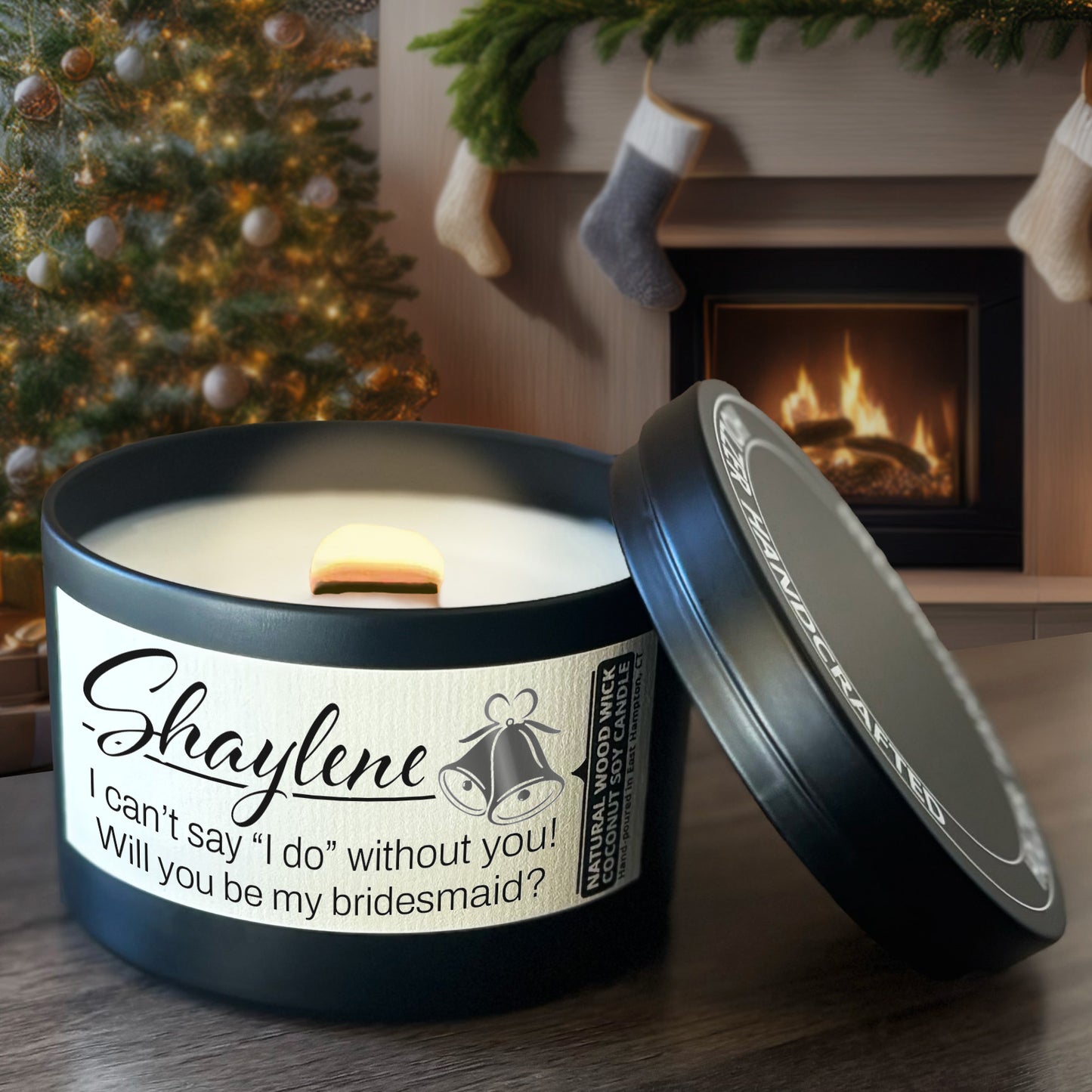 Personalized Wood Wick Candle - Custom Bridesmaid, Maid of Honor Proposal, Coconut Soy Wax, 8oz Tin
