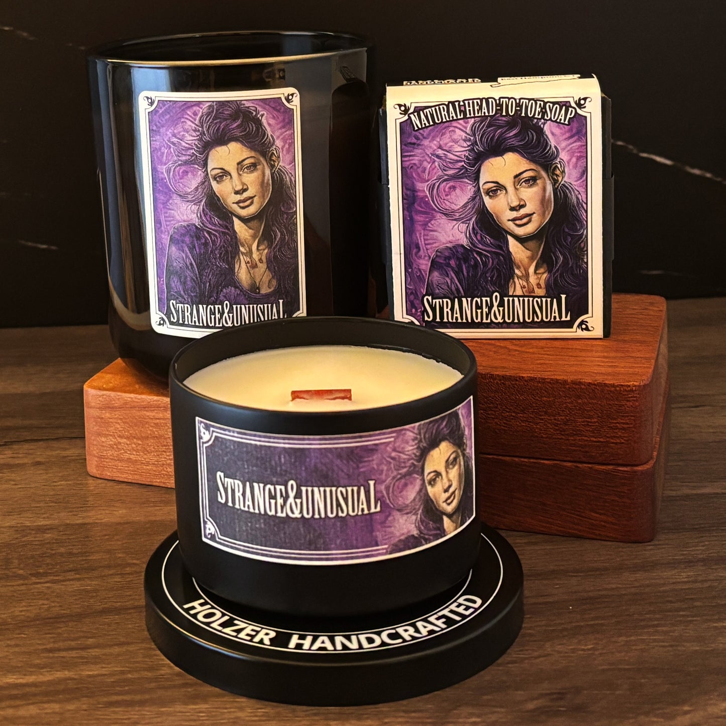 STRANGE & UNUSUAL - Black Rose + Plum + Vanilla Scented Wood Wick Candle - Cinematic Legends