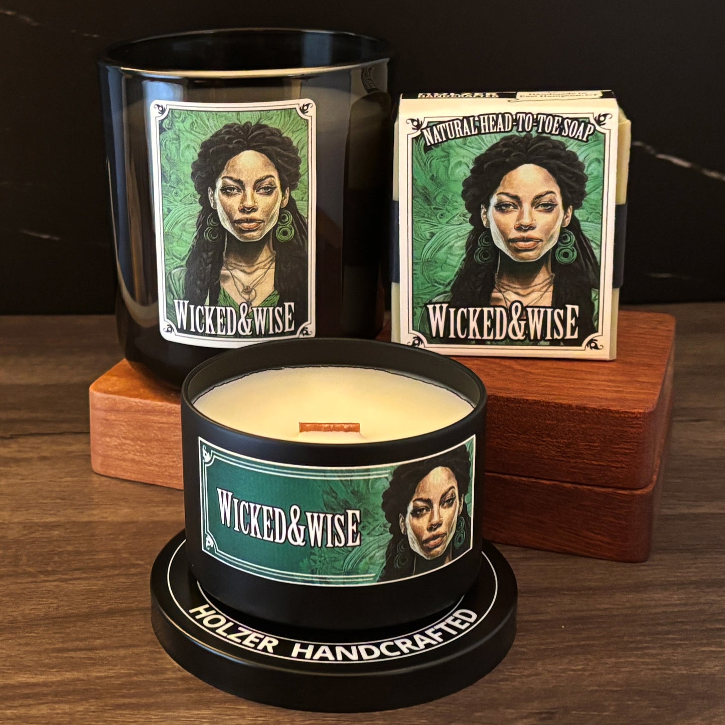 WICKED & WISE - Lemon + Lilac Leaves + Juniper Scented Wood Wick Candle - Cinematic Legends