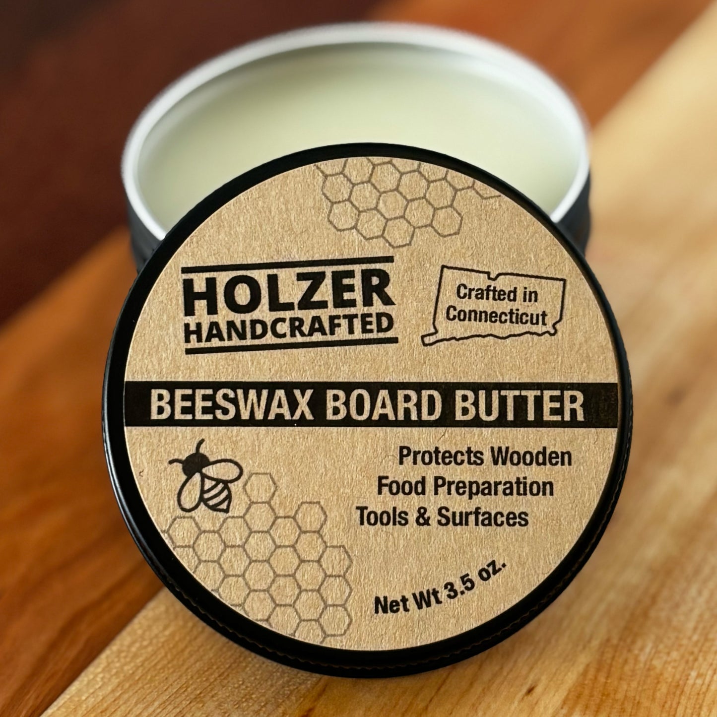 Handcrafted Beeswax Board Butter for Food-Contact Wood Surfaces - 3.5 oz net weight in reusable tin