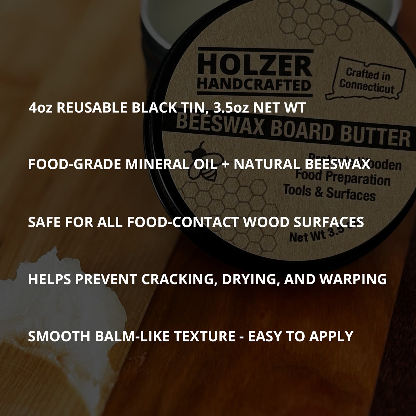 Handcrafted Beeswax Board Butter for Food-Contact Wood Surfaces - 3.5 oz net weight in reusable tin