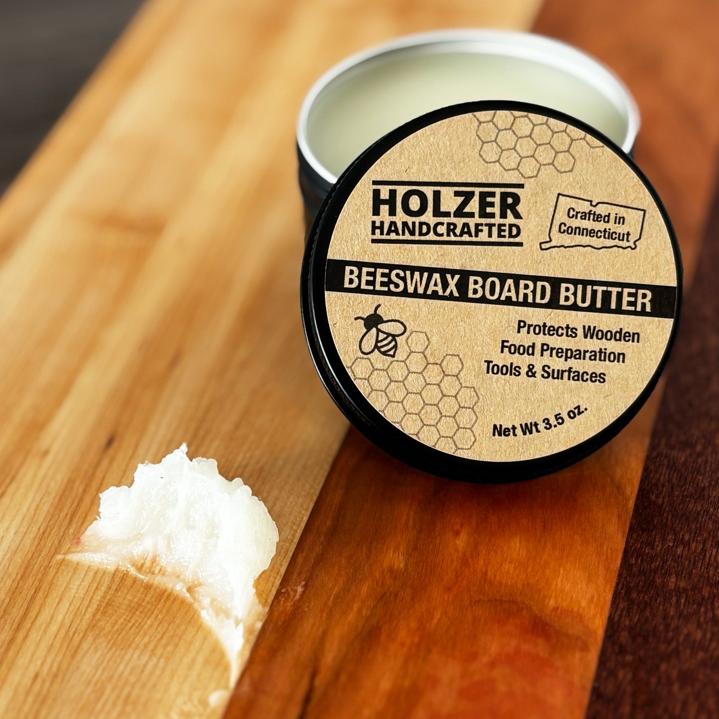 Handcrafted Beeswax Board Butter for Food-Contact Wood Surfaces - 3.5 oz net weight in reusable tin