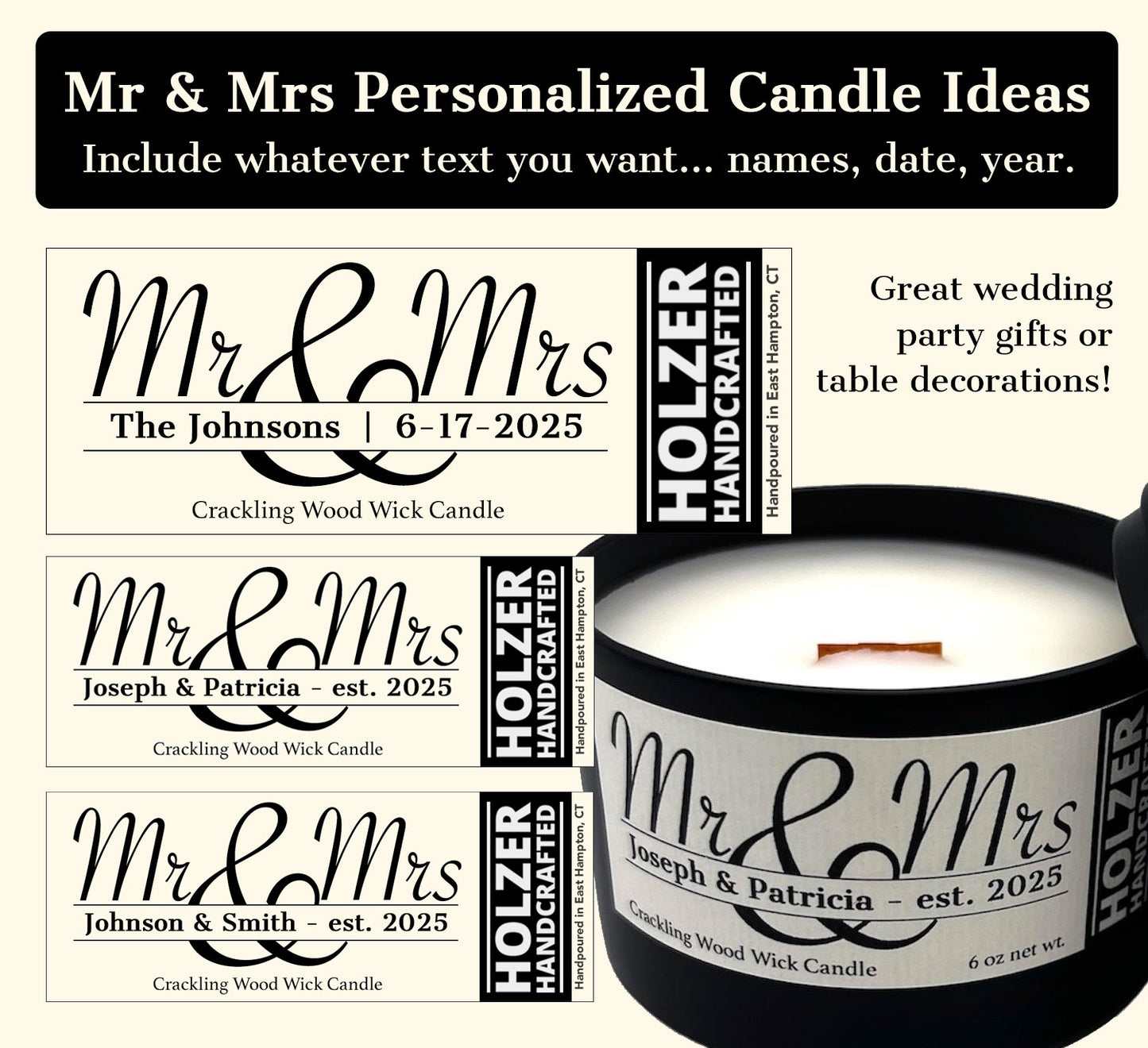 Personalized Mr & Mrs Wood Wick Scented Candle