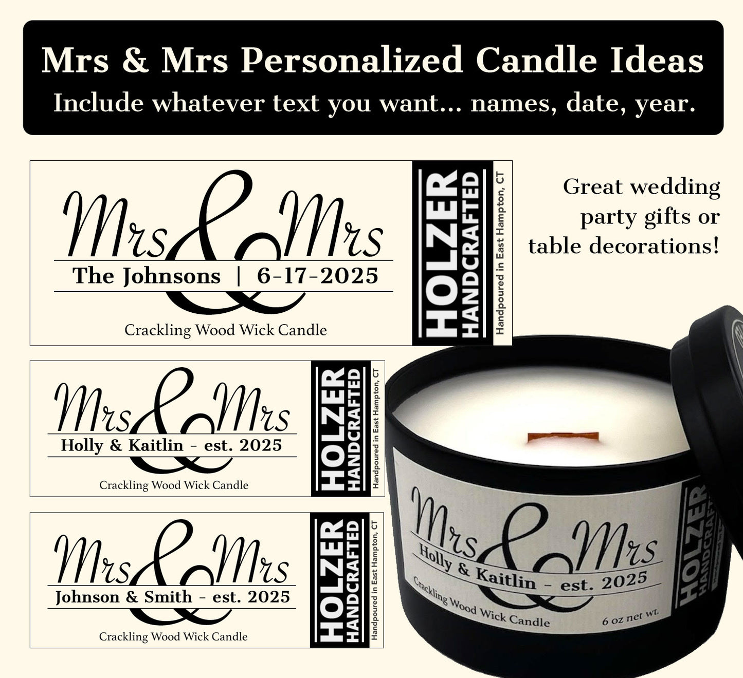 Personalized Mrs & Mrs Wood Wick Scented Candle