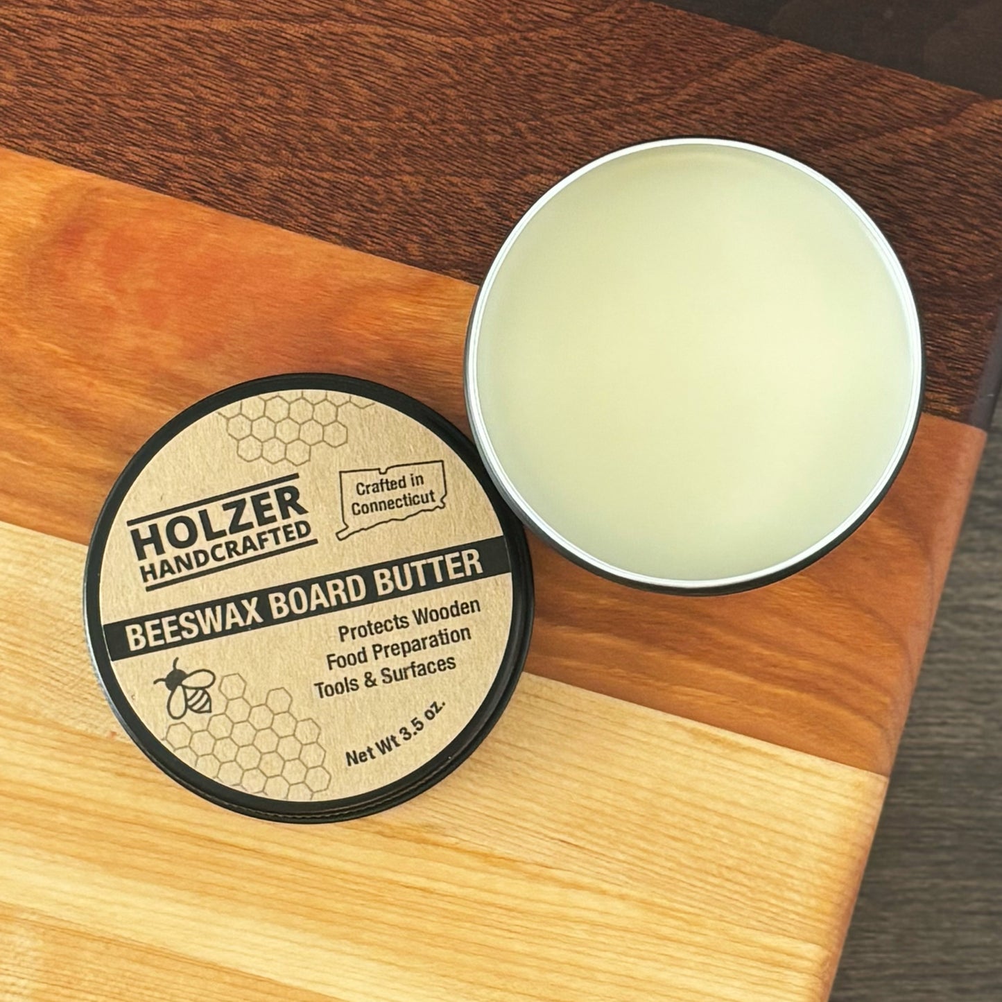 Handcrafted Beeswax Board Butter for Food-Contact Wood Surfaces - 3.5 oz net weight in reusable tin