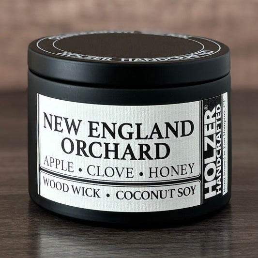 New England Orchard - Apple + Clove + Honey Scented Wood Wick Candle, 8oz Tin