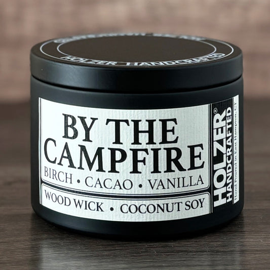 By The Campfire - Birch + Cacao + Vanilla Scented Wood Wick Candle, 8oz Tin
