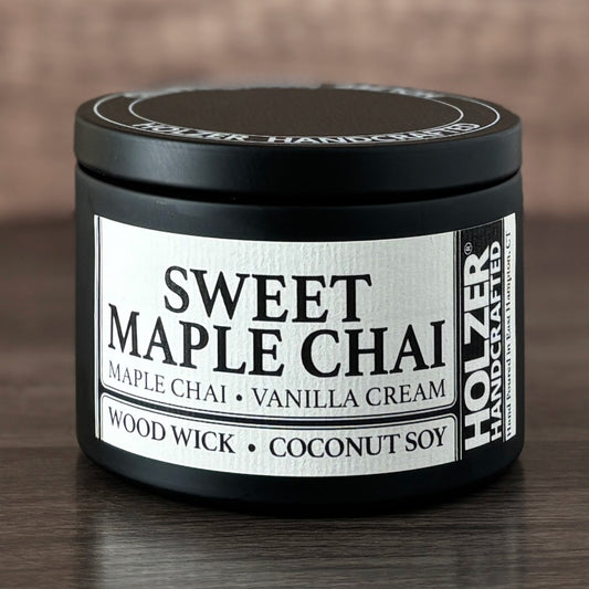 Sweet Maple Chai - Maple Chai + Vanilla Cream Scented Wood Wick Candle, 8oz Tin