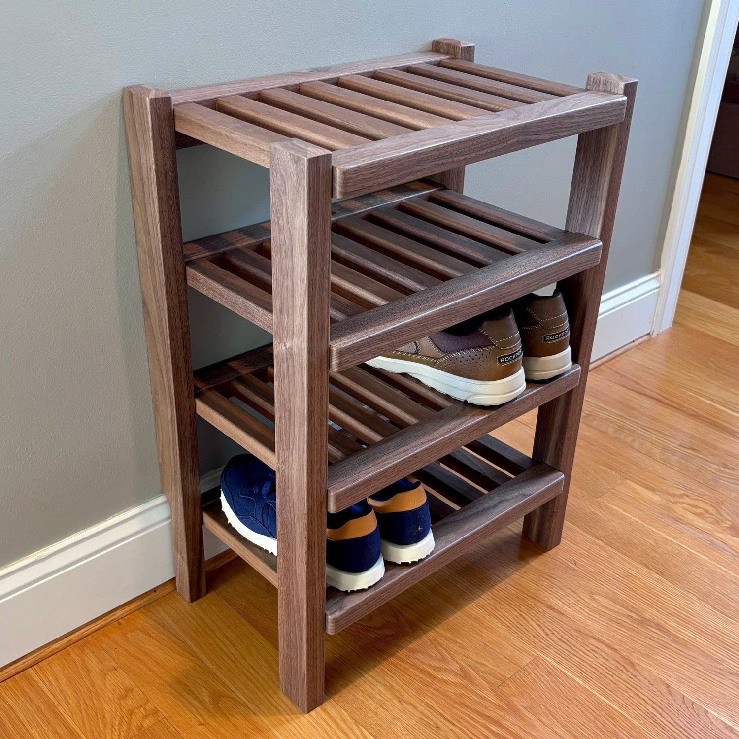 Custom Walnut Shoe Rack for Mudroom – Holzer Handcrafted