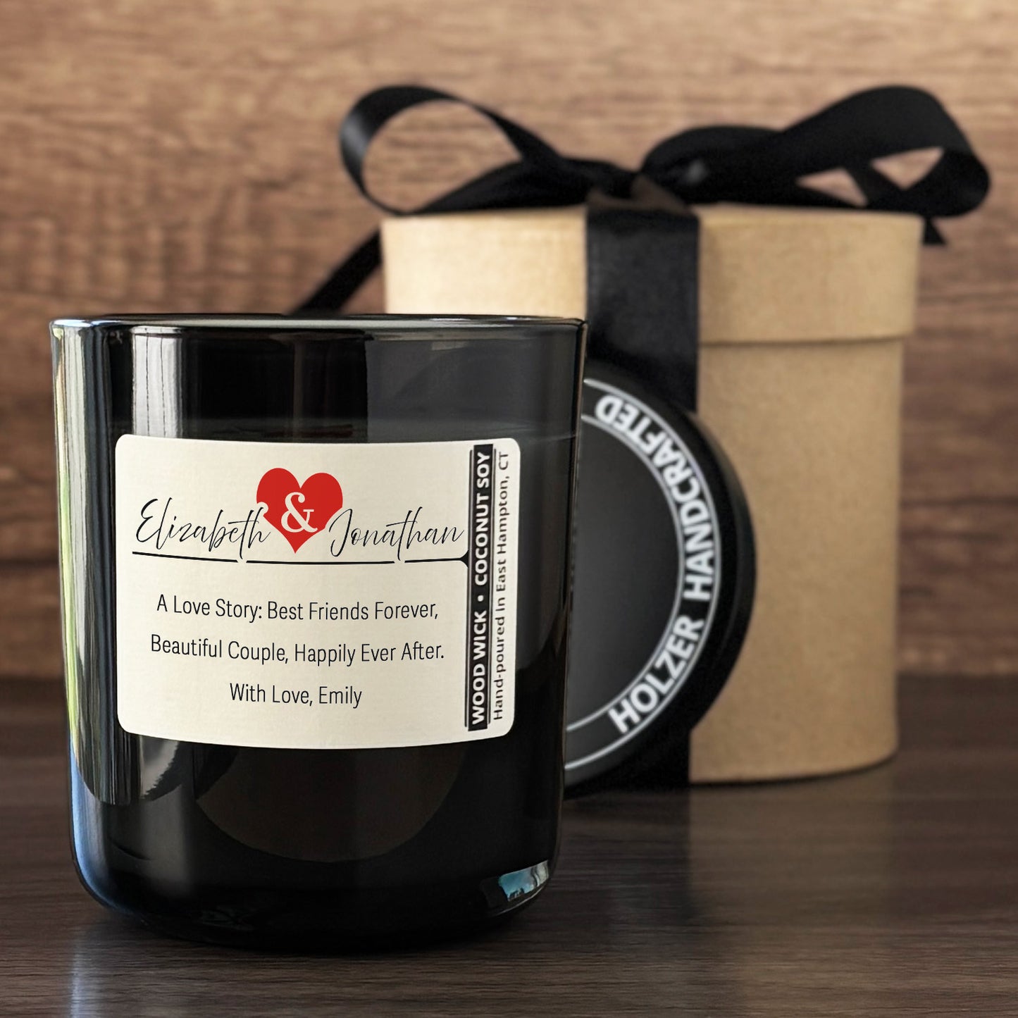 Personalized Wood Wick Candle - Custom Couples Keepsake - 12oz Glass Vessel with Lid