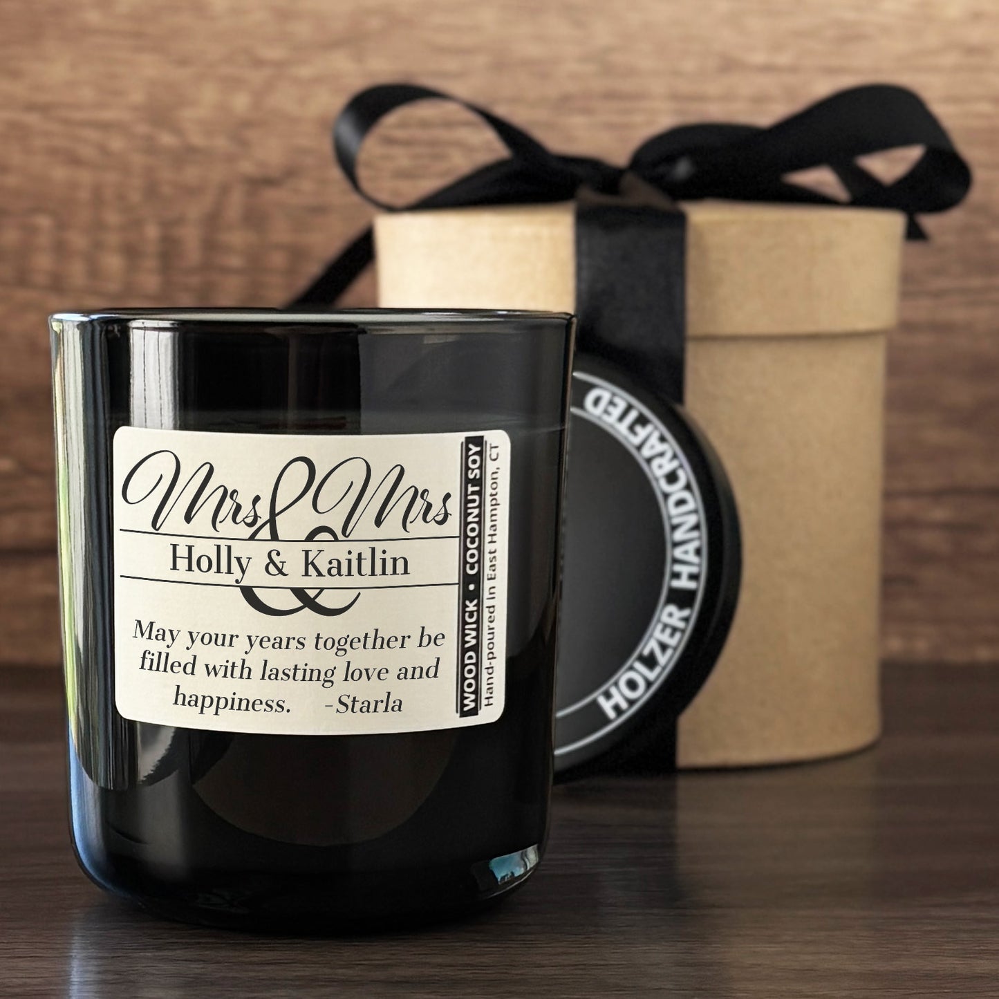 Personalized Wood Wick Candle - Custom Mrs & Mrs Wedding Keepsake - 12oz Glass Vessel with Lid