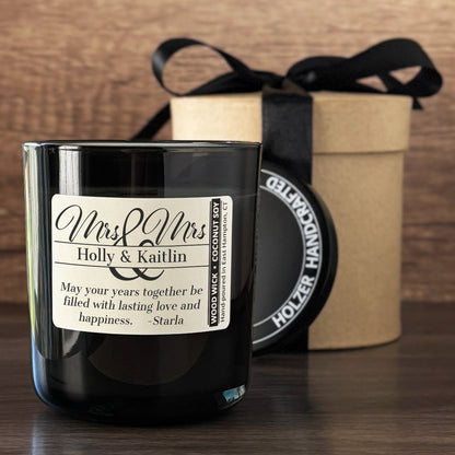 Personalized Wood Wick Candle - Custom Mrs & Mrs Wedding Keepsake - 12oz Glass Vessel with Lid