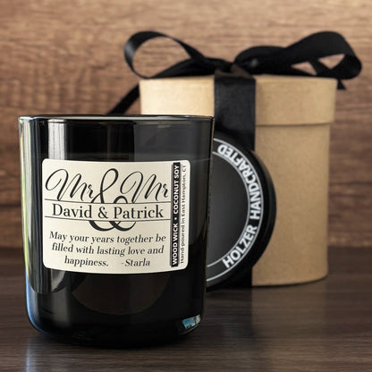 Personalized Wood Wick Candle - Custom Mr & Mr Wedding Keepsake - 12oz Glass Vessel with Lid
