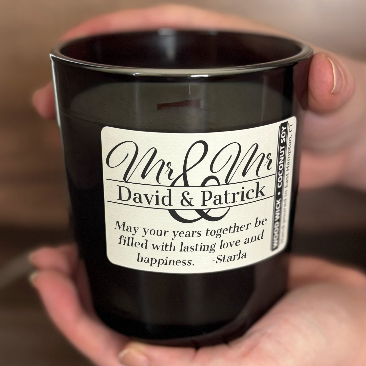 Personalized Wood Wick Candle - Custom Mr & Mr Wedding Keepsake - 12oz Glass Vessel with Lid