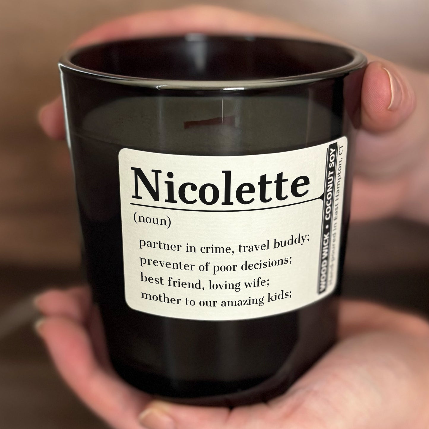 Personalized Wood Wick Candle - Custom Name, Noun, Definition - 12oz Glass Vessel with Lid