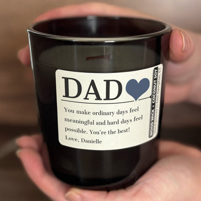 Personalized Wood Wick Candle - Custom Dad, Grandpa, Special Guy Keepsake - 12oz Glass Vessel with Lid