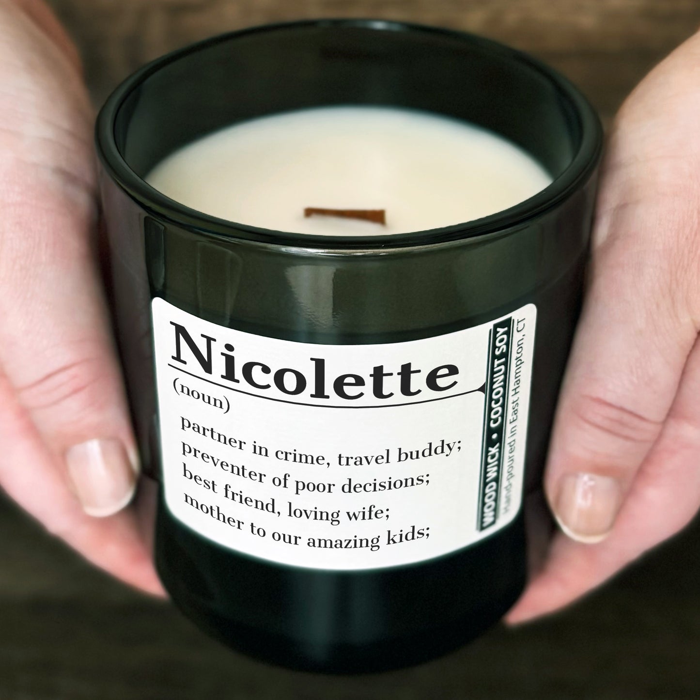 Personalized Wood Wick Candle - Custom Name, Noun, Definition - 12oz Glass Vessel with Lid