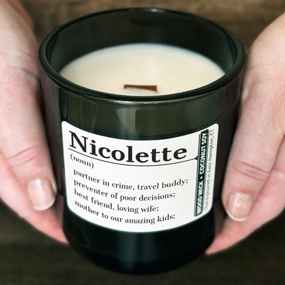Personalized Wood Wick Candle - Custom Name, Noun, Definition - 12oz Glass Vessel with Lid