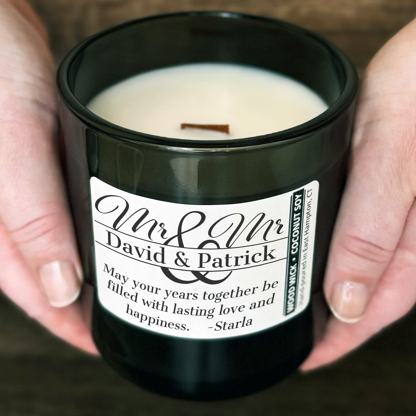 Personalized Wood Wick Candle - Custom Mr & Mr Wedding Keepsake - 12oz Glass Vessel with Lid