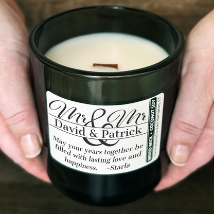 Personalized Wood Wick Candle - Custom Mr & Mr Wedding Keepsake - 12oz Glass Vessel with Lid