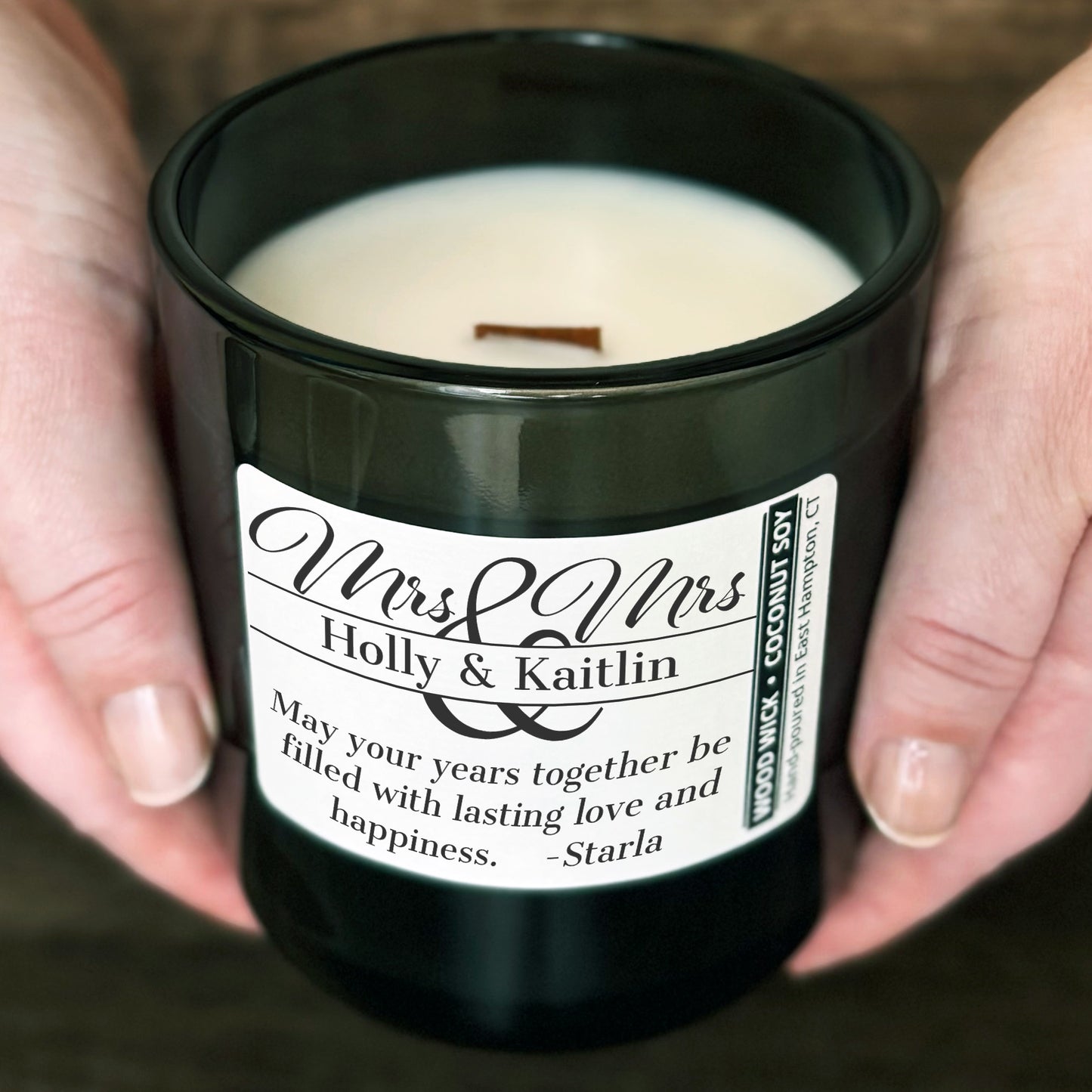 Personalized Wood Wick Candle - Custom Mrs & Mrs Wedding Keepsake - 12oz Glass Vessel with Lid
