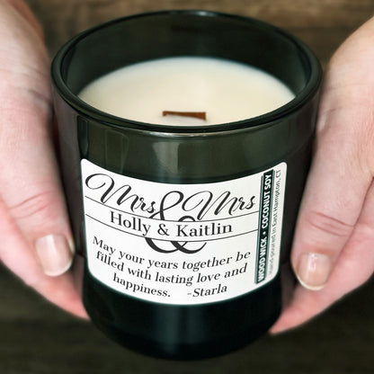 Personalized Wood Wick Candle - Custom Mrs & Mrs Wedding Keepsake - 12oz Glass Vessel with Lid
