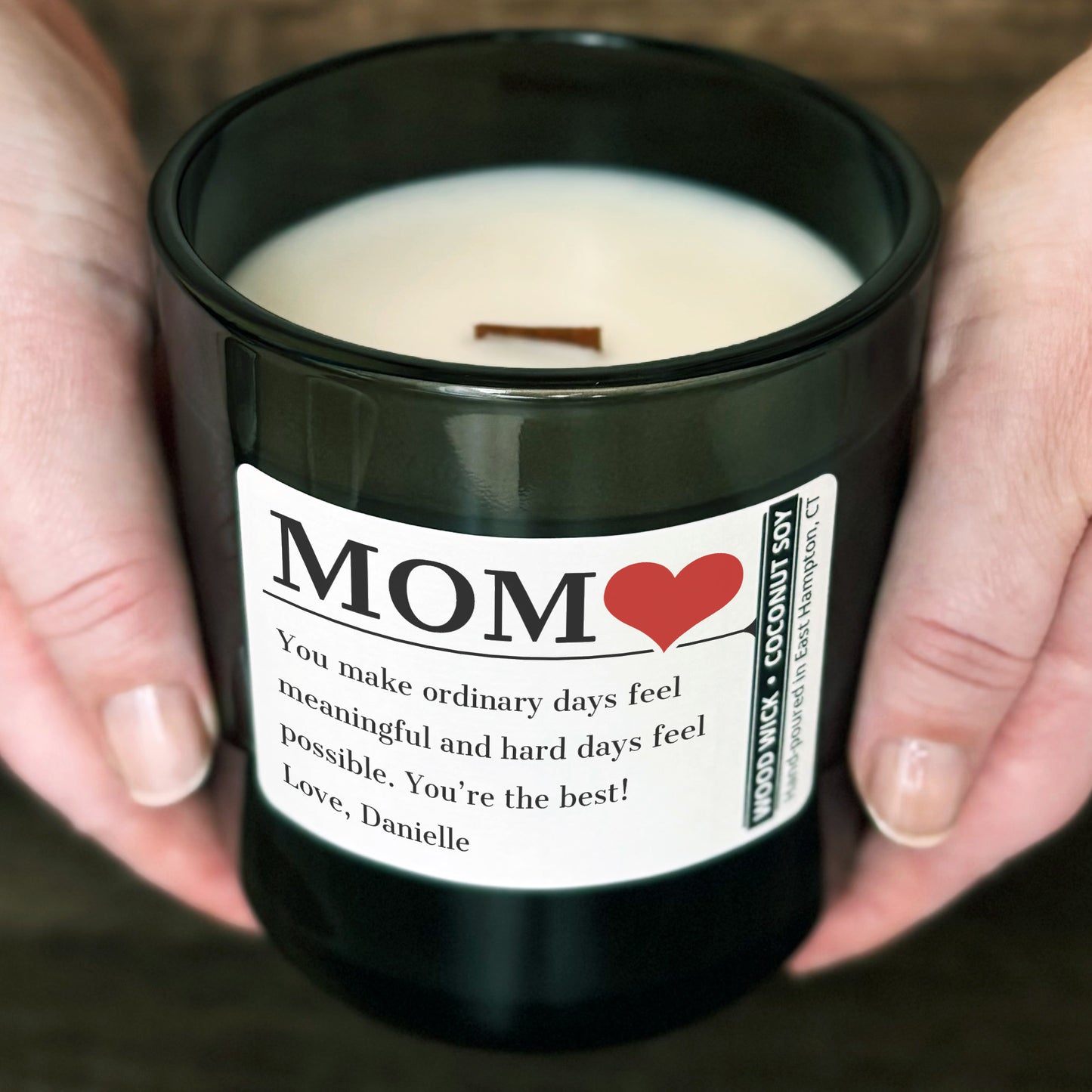 Personalized Wood Wick Candle - Custom Mom, Grandma Keepsake - 12oz Glass Vessel with Lid