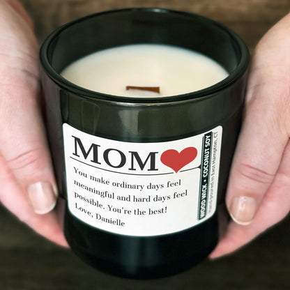 Personalized Wood Wick Candle - Custom Mom, Grandma Keepsake - 12oz Glass Vessel with Lid