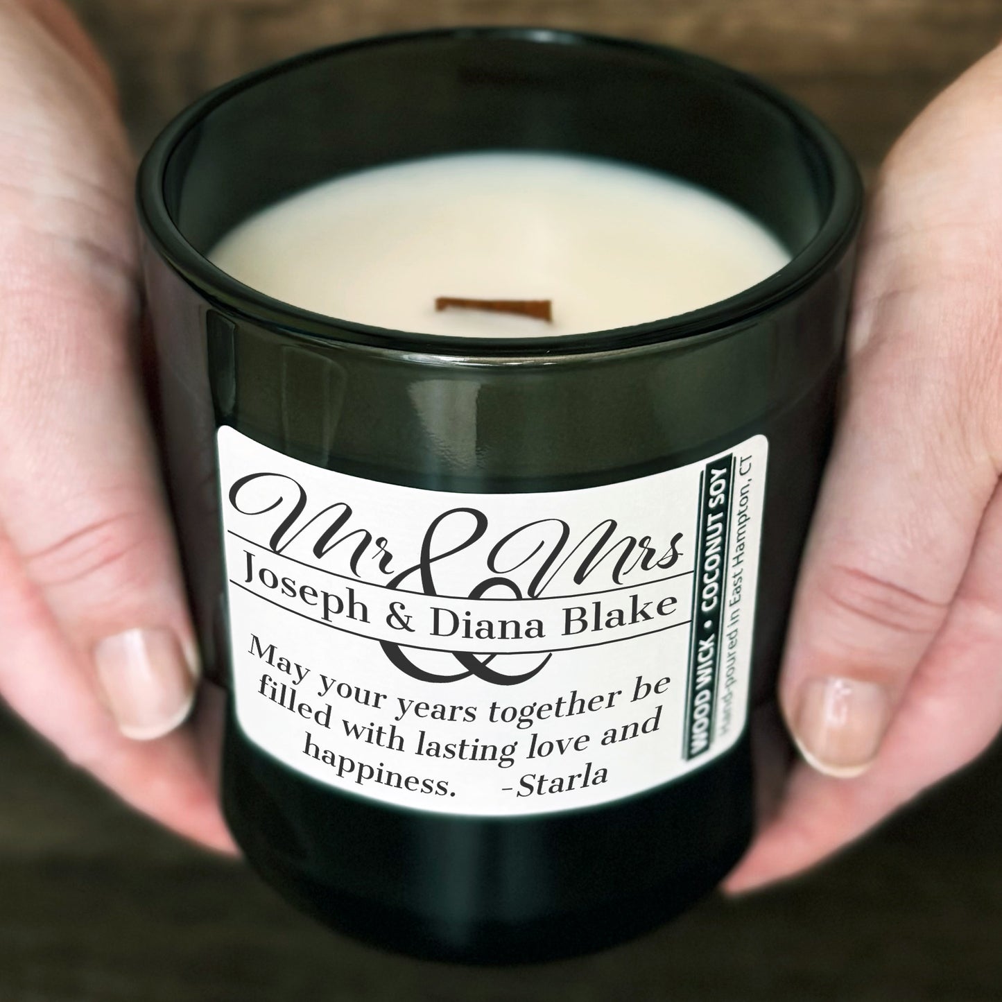 Personalized Wood Wick Candle - Custom Mr & Mrs Wedding Keepsake - 12oz Glass Vessel with Lid