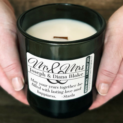 Personalized Wood Wick Candle - Custom Mr & Mrs Wedding Keepsake - 12oz Glass Vessel with Lid