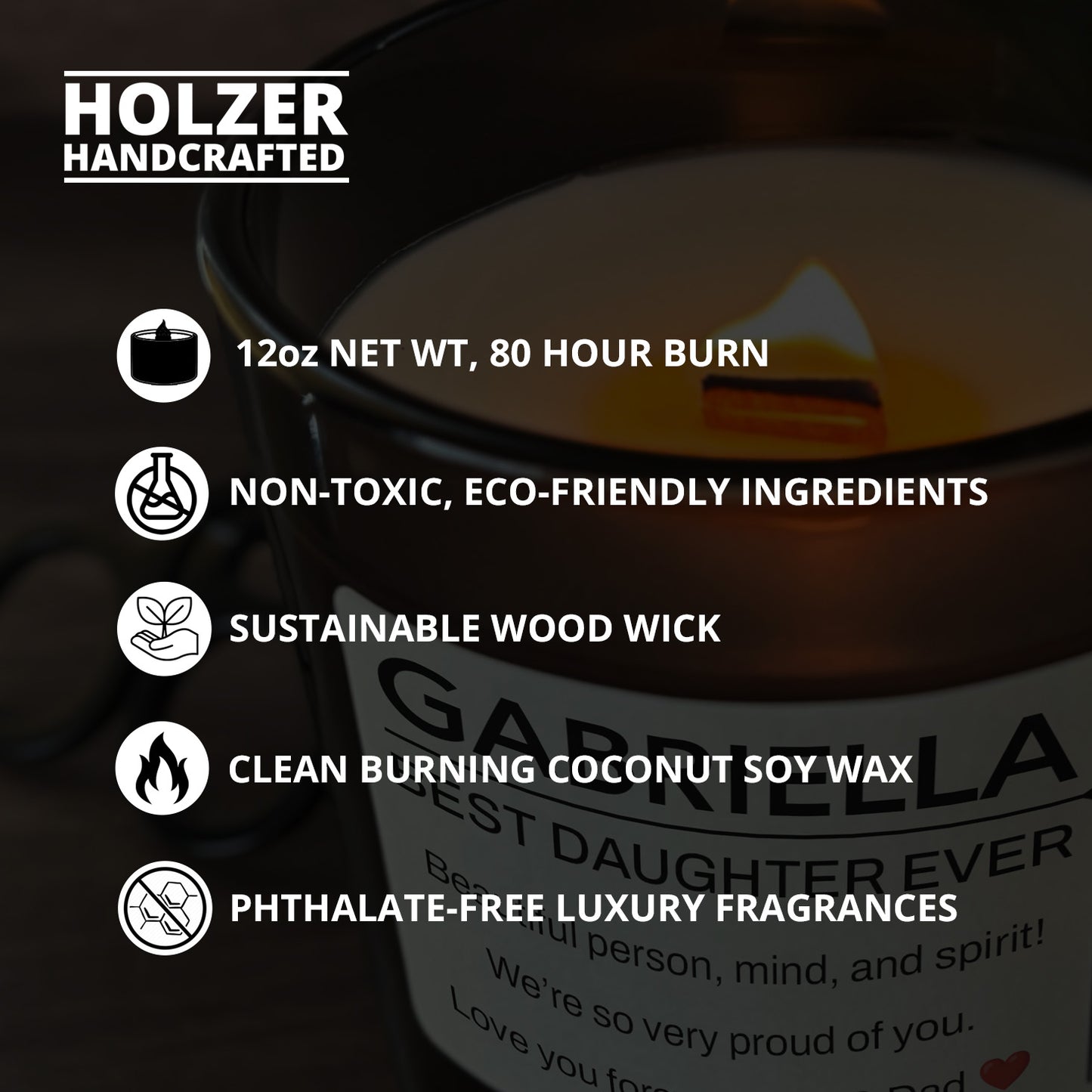 Personalized Wood Wick Candle - Custom Best Daughter Keepsake - 12oz Glass Vessel with Lid