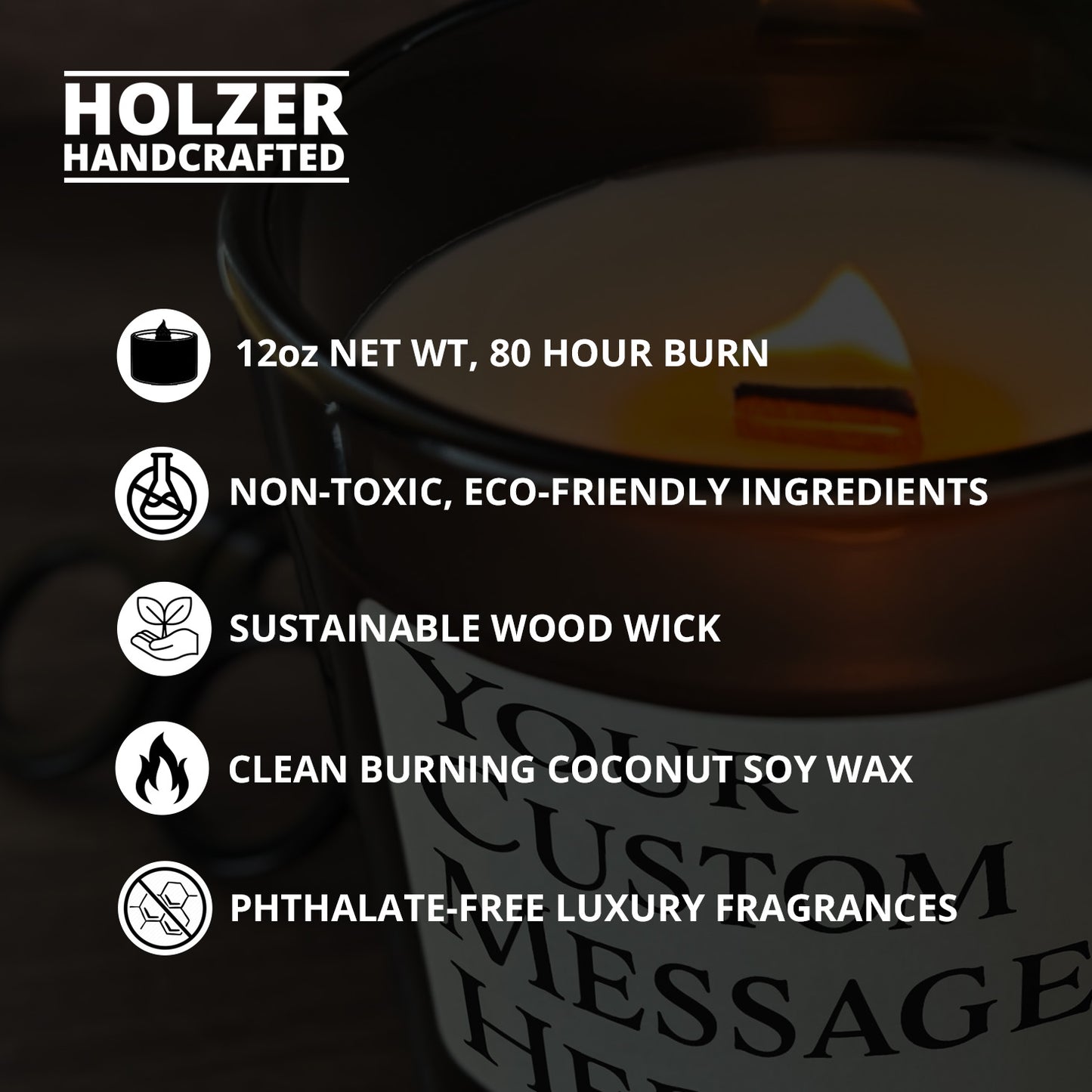 Personalized Wood Wick Candle - Your Custom Text Keepsake - 12oz Glass Vessel with Lid