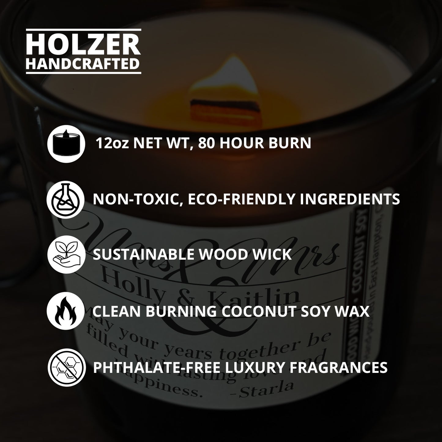 Personalized Wood Wick Candle - Custom Mrs & Mrs Wedding Keepsake - 12oz Glass Vessel with Lid