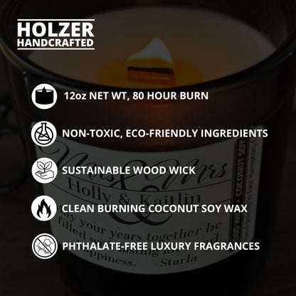 Personalized Wood Wick Candle - Custom Mrs & Mrs Wedding Keepsake - 12oz Glass Vessel with Lid