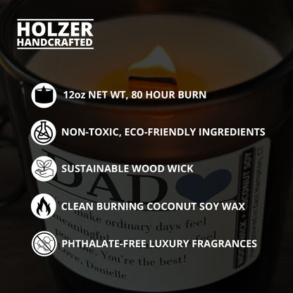 Personalized Wood Wick Candle - Custom Dad, Grandpa, Special Guy Keepsake - 12oz Glass Vessel with Lid