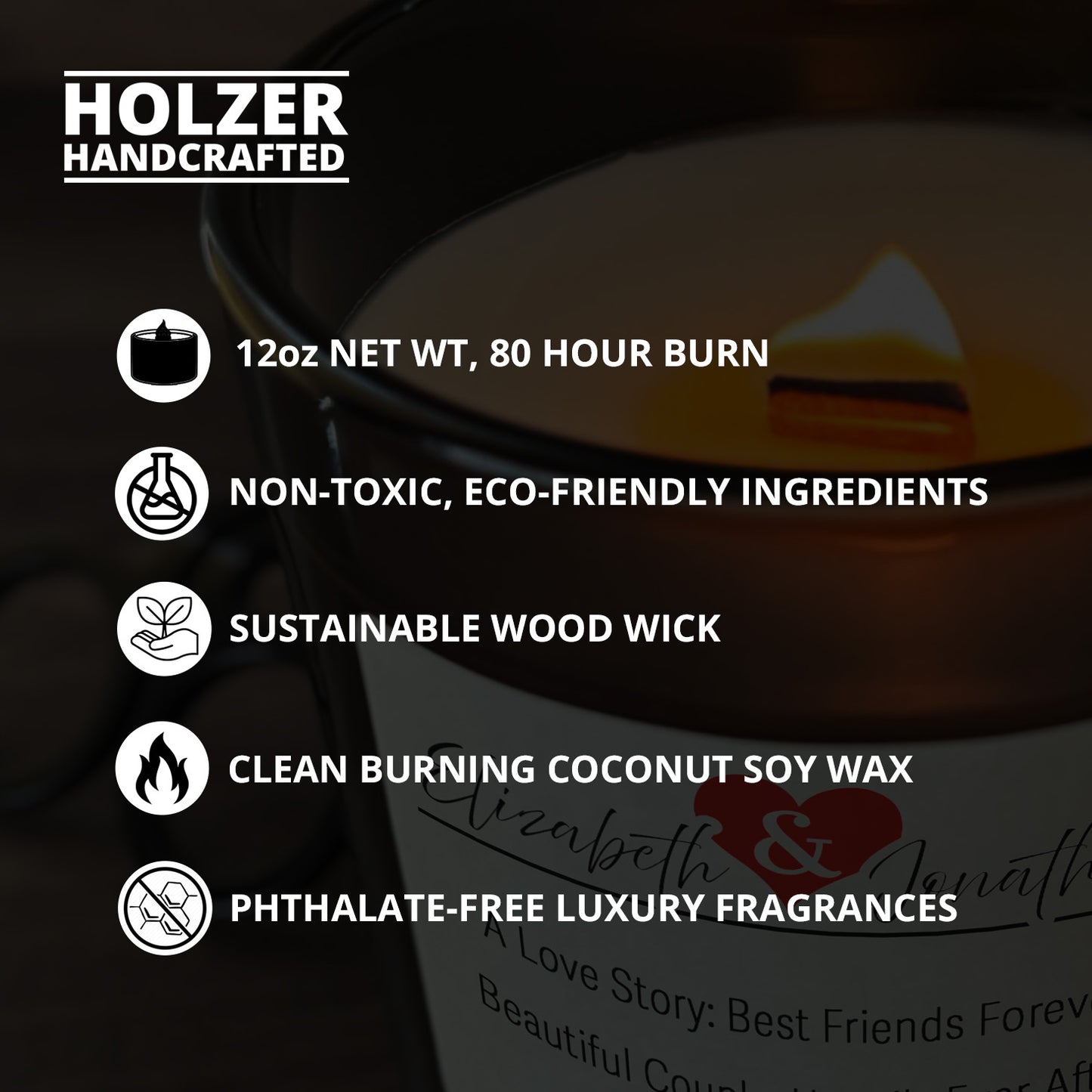 Personalized Wood Wick Candle - Custom Couples Keepsake - 12oz Glass Vessel with Lid