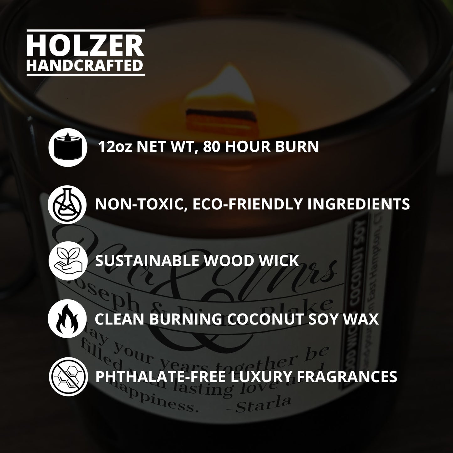 Personalized Wood Wick Candle - Custom Mr & Mrs Wedding Keepsake - 12oz Glass Vessel with Lid