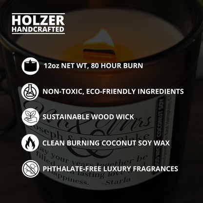 Personalized Wood Wick Candle - Custom Mr & Mrs Wedding Keepsake - 12oz Glass Vessel with Lid