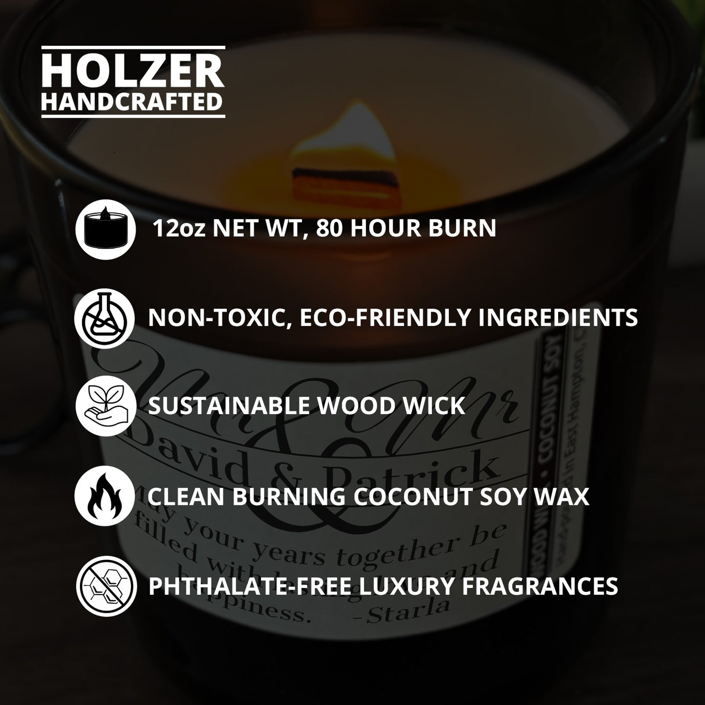 Personalized Wood Wick Candle - Custom Mr & Mr Wedding Keepsake - 12oz Glass Vessel with Lid